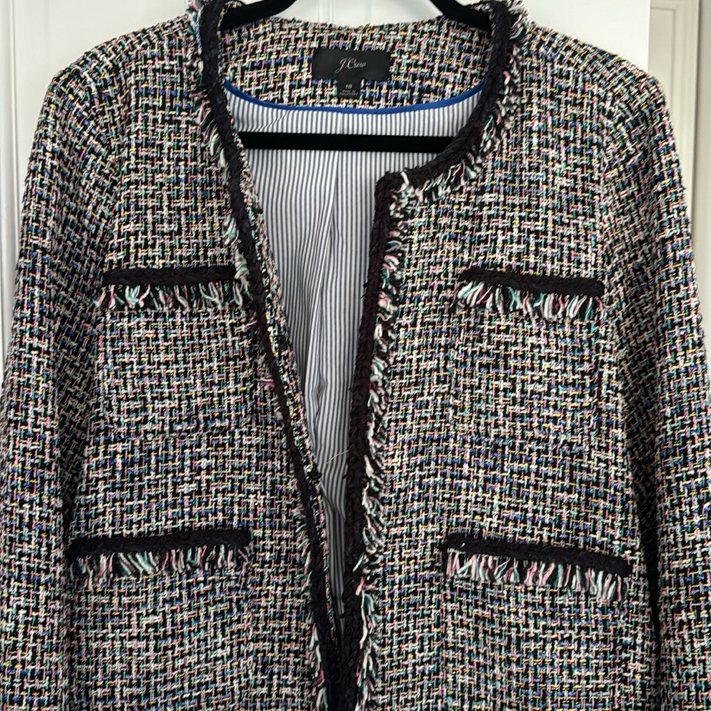 J Crew Black & Multi Tweed Fringe Blazer - Size 18